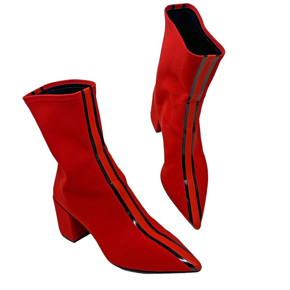 Elena Iachi Red Stretch Patent Leather Stripe Pull On  Ankle Boots‎